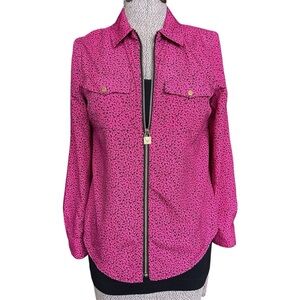 Michael Kors Hot Pink Abstract Print Zip-Front Jacket Top Blouse Petite Medium